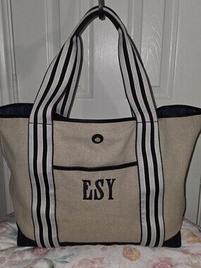 Paravel Cabana Tote Bag Extra Large Tan Black Stripes Monogram "ESY